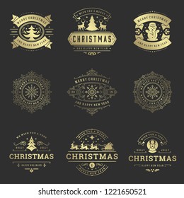 Weihnachtsmarken und Abzeichen Vektordesign Elemente Set. Frohe Weihnachten und glückliches neues Jahr wünscht Retro-Typografie-Dekorationsobjekte für Grußkarten Vintage-Ornamente.