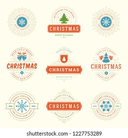 Christmas labels and badges vector design elements set. Merry christmas and happy new year wishes retro typography decoration objects for greeting cards vintage ornaments.