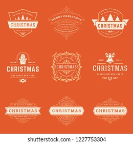 Christmas labels and badges vector design elements set. Merry christmas and happy new year wishes retro typography decoration objects for greeting cards vintage ornaments.