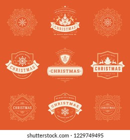 Christmas labels and badges vector design elements set. Merry christmas and happy new year wishes retro typography decoration objects for greeting cards vintage ornaments.