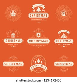 Christmas labels and badges vector design elements set. Merry christmas and happy new year wishes retro typography decoration objects for greeting cards vintage ornaments.