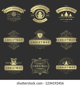 Christmas labels and badges vector design elements set. Merry christmas and happy new year wishes retro typography decoration objects for greeting cards vintage ornaments.
