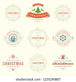Christmas labels and badges vector design elements set. Merry christmas and happy new year wishes retro typography decoration objects for greeting cards vintage ornaments.
