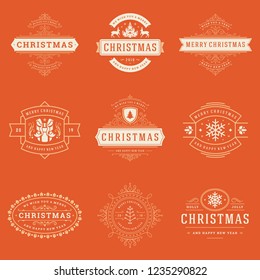 Christmas labels and badges vector design elements set. Merry christmas and happy new year wishes retro typography decoration objects for greeting cards vintage ornaments.