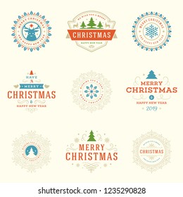 Christmas labels and badges vector design elements set. Merry christmas and happy new year wishes retro typography decoration objects for greeting cards vintage ornaments.