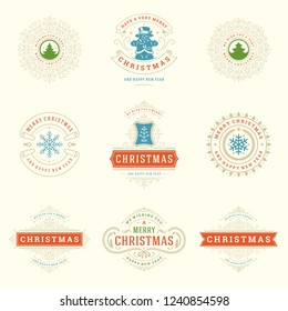 Christmas labels and badges vector design elements set. Merry christmas and happy new year wishes retro typography decoration objects for greeting cards vintage ornaments.