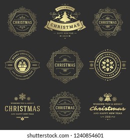 Christmas labels and badges vector design elements set. Merry christmas and happy new year wishes retro typography decoration objects for greeting cards vintage ornaments.