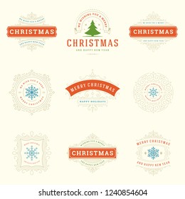 Christmas labels and badges vector design elements set. Merry christmas and happy new year wishes retro typography decoration objects for greeting cards vintage ornaments.