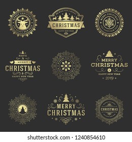 Christmas labels and badges vector design elements set. Merry christmas and happy new year wishes retro typography decoration objects for greeting cards vintage ornaments.