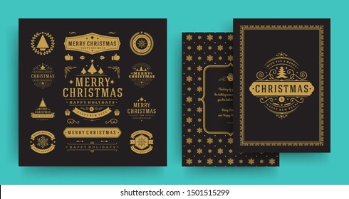 Christmas labels and badges vector design elements set with greeting card template. Merry christmas and happy new year wishes vintage typography and symbols objects with ornaments.