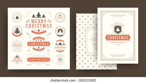 Navidades Elementos de diseño de Vector de etiquetas e insignias con Plantilla de tarjeta de felicitación. Feliz Navidad y feliz año nuevo desea tipografía vintage y símbolos de objetos con adornos.