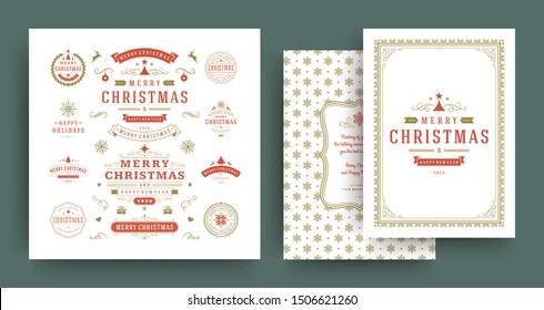 Christmas labels and badges vector design elements set with greeting card template. Merry christmas and happy new year wishes vintage typography and symbols objects with ornaments.