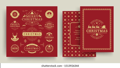 Christmas labels and badges vector design elements set with greeting card template. Merry christmas and happy new year wishes vintage typography and symbols objects with ornaments.