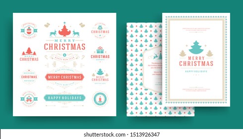 Christmas labels and badges vector design elements set with greeting card template. Merry christmas and happy new year wishes vintage typography and symbols objects with ornaments.