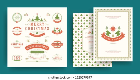 Christmas labels and badges vector design elements set with greeting card template. Merry christmas and happy new year wishes vintage typography and symbols objects with ornaments.