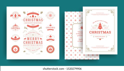 Christmas labels and badges vector design elements set with greeting card template. Merry christmas and happy new year wishes vintage typography and symbols objects with ornaments.