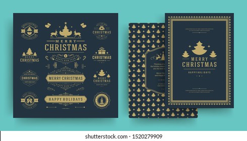 Christmas labels and badges vector design elements set with greeting card template. Merry christmas and happy new year wishes vintage typography and symbols objects with ornaments.