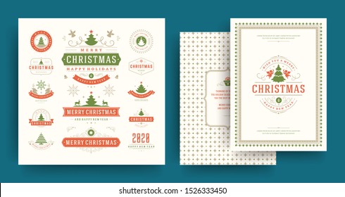 Christmas labels and badges vector design elements set with greeting card template. Merry christmas and happy new year wishes vintage typography and symbols objects with ornaments.