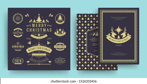 Christmas labels and badges vector design elements set with greeting card template. Merry christmas and happy new year wishes vintage typography and symbols objects with ornaments.