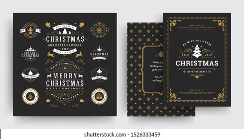 Christmas labels and badges vector design elements set with greeting card template. Merry christmas and happy new year wishes vintage typography and symbols objects with ornaments.