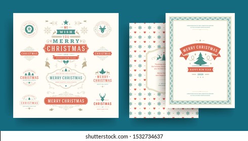 Christmas labels and badges vector design elements set with greeting card template. Merry christmas and happy new year wishes vintage typography and symbols objects with ornaments.