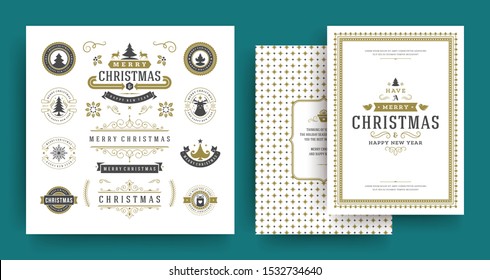 Christmas labels and badges vector design elements set with greeting card template. Merry christmas and happy new year wishes vintage typography and symbols objects with ornaments.