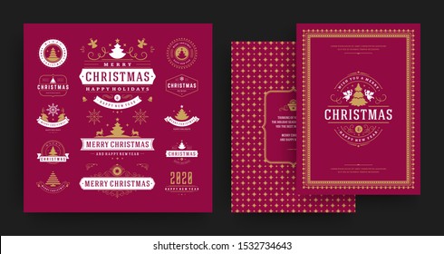 Christmas labels and badges vector design elements set with greeting card template. Merry christmas and happy new year wishes vintage typography and symbols objects with ornaments.
