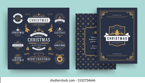 Christmas labels and badges vector design elements set with greeting card template. Merry christmas and happy new year wishes vintage typography and symbols objects with ornaments.