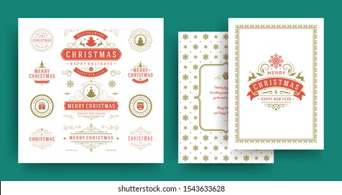 Christmas labels and badges vector design elements set with greeting card template. Merry christmas and happy new year wishes vintage typography and symbols objects with ornaments.