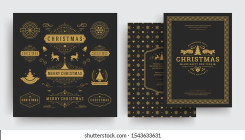 Christmas labels and badges vector design elements set with greeting card template. Merry christmas and happy new year wishes vintage typography and symbols objects with ornaments.