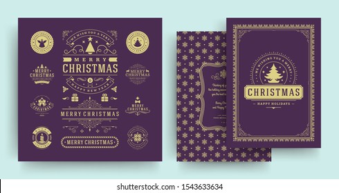 Christmas labels and badges vector design elements set with greeting card template. Merry christmas and happy new year wishes vintage typography and symbols objects with ornaments.