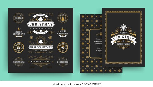 Christmas labels and badges vector design elements set with greeting card template. Merry christmas and happy new year wishes vintage typography and symbols objects with ornaments.
