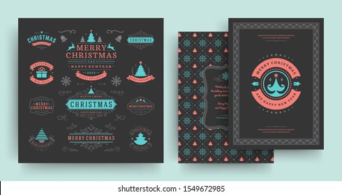 Christmas labels and badges vector design elements set with greeting card template. Merry christmas and happy new year wishes vintage typography and symbols objects with ornaments.