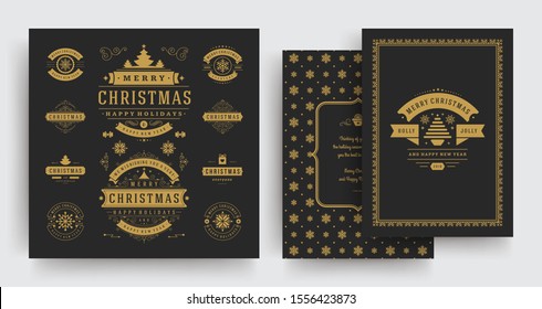 Christmas labels and badges vector design elements set with greeting card template. Merry christmas and happy new year wishes vintage typography and symbols objects with ornaments.