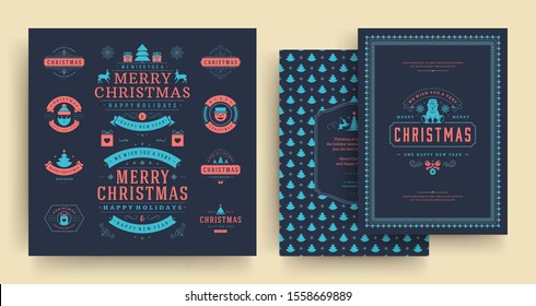 Christmas labels and badges vector design elements set with greeting card template. Merry christmas and happy new year wishes vintage typography and symbols objects with ornaments.