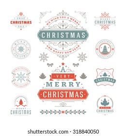 Christmas Labels and Badges Vector Design. Decorations elements, Symbols, Icons, Frames, Ornaments and Ribbons, set. Typographic Merry Christmas and Happy Holidays wishes.