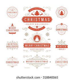 Christmas Labels and Badges Vector Design. Decorations elements, Symbols, Icons, Frames, Ornaments and Ribbons, set. Typographic Merry Christmas and Happy Holidays wishes.