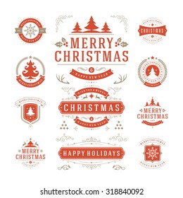 Christmas Labels and Badges Vector Design. Decorations elements, Symbols, Icons, Frames, Ornaments and Ribbons, set. Typographic Merry Christmas and Happy Holidays wishes.