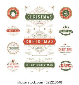 Christmas Labels and Badges Vector Design. Decorations elements, Symbols, Icons, Frames, Ornaments and Ribbons, set. Typographic Merry Christmas and Happy Holidays wishes.