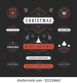 Christmas Labels and Badges Vector Design. Decorations elements, Symbols, Icons, Frames, Ornaments and Ribbons, set. Typographic Merry Christmas and Happy Holidays wishes.