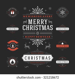 Christmas Labels and Badges Vector Design. Decorations elements, Symbols, Icons, Frames, Ornaments and Ribbons, set. Typographic Merry Christmas and Happy Holidays wishes.