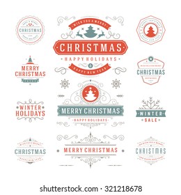 Christmas Labels and Badges Vector Design. Decorations elements, Symbols, Icons, Frames, Ornaments and Ribbons, set. Typographic Merry Christmas and Happy Holidays wishes.