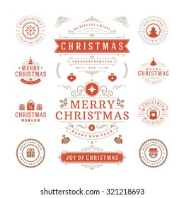 Christmas Labels and Badges Vector Design. Decorations elements, Symbols, Icons, Frames, Ornaments and Ribbons, set. Typographic Merry Christmas and Happy Holidays wishes.