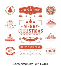 Christmas Labels and Badges Vector Design. Decorations elements, Symbols, Icons, Frames, Ornaments and Ribbons, set. Typographic Merry Christmas and Happy Holidays wishes.