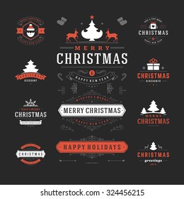 Christmas Labels and Badges Vector Design. Decorations elements, Symbols, Icons, Frames, Ornaments and Ribbons, set. Typographic Merry Christmas and Happy Holidays wishes.