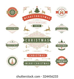 Christmas Labels and Badges Vector Design. Decorations elements, Symbols, Icons, Frames, Ornaments and Ribbons, set. Typographic Merry Christmas and Happy Holidays wishes.