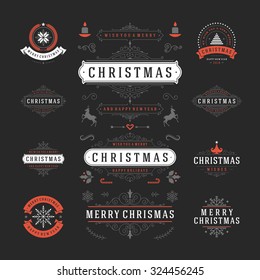 Christmas Labels and Badges Vector Design. Decorations elements, Symbols, Icons, Frames, Ornaments and Ribbons, set. Typographic Merry Christmas and Happy Holidays wishes.