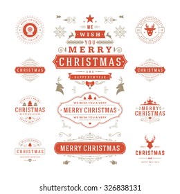 Christmas Labels and Badges Vector Design. Decorations elements, Symbols, Icons, Frames, Ornaments and Ribbons, set. Typographic Merry Christmas and Happy Holidays wishes.