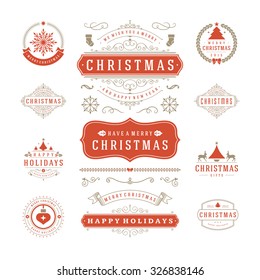 Christmas Labels and Badges Vector Design. Decorations elements, Symbols, Icons, Frames, Ornaments and Ribbons, set. Typographic Merry Christmas and Happy Holidays wishes.