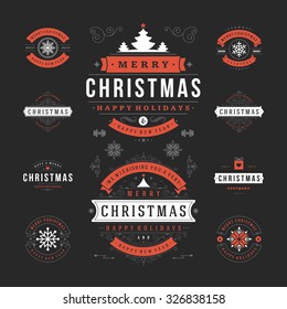 Christmas Labels and Badges Vector Design. Decorations elements, Symbols, Icons, Frames, Ornaments and Ribbons, set. Typographic Merry Christmas and Happy Holidays wishes.